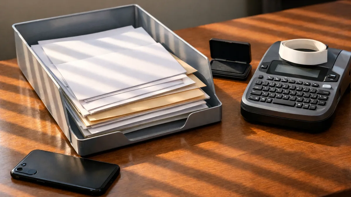AI productivity tools email workflow: envelopes and letters in a mail tray with stamp pad on desk