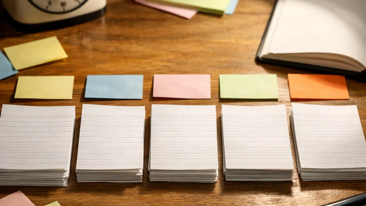 AI productivity tools workflow planning: blank index cards and sticky notes arranged on desk with pen and timer