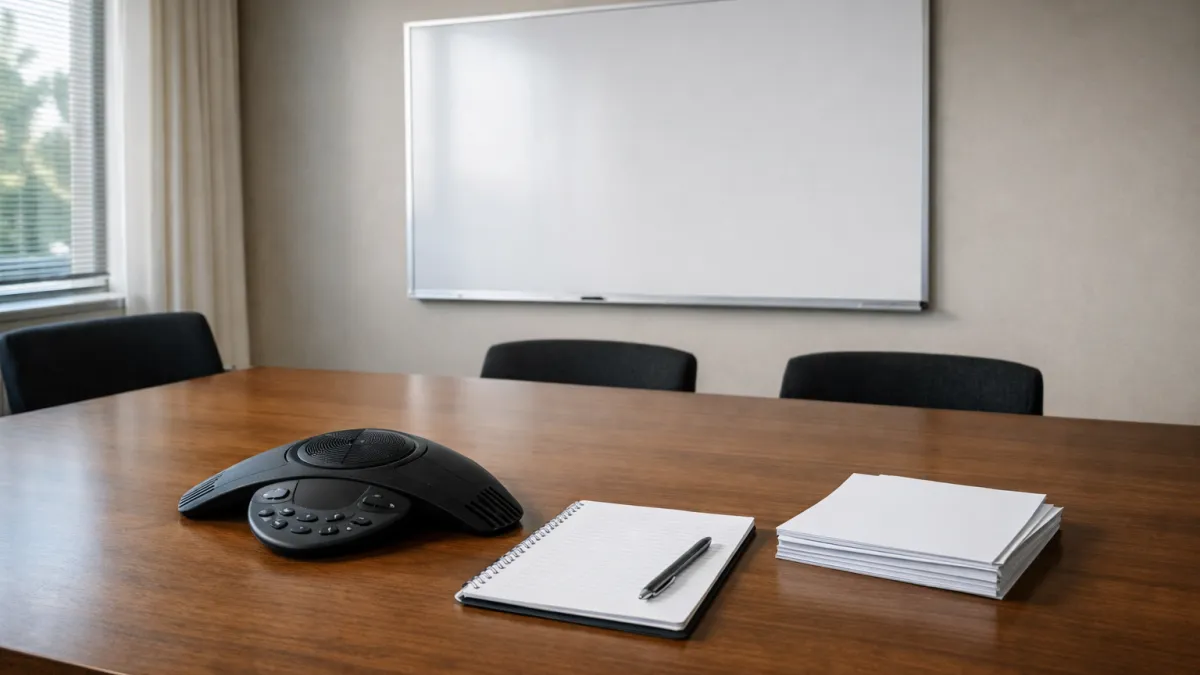 AI productivity tools meeting notes: conference phone, blank notepad, and microphone in a bright meeting room