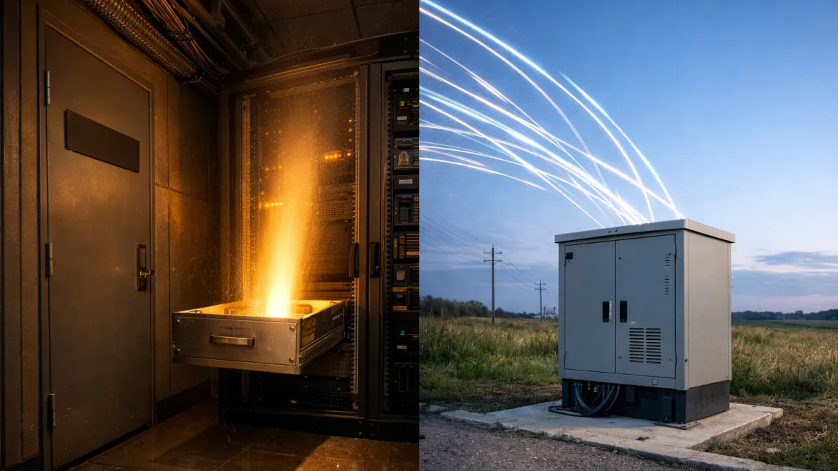 CDN vs caching head-to-head view with warm server-room cache drawer and cool outdoor edge cabinet connected by light trails