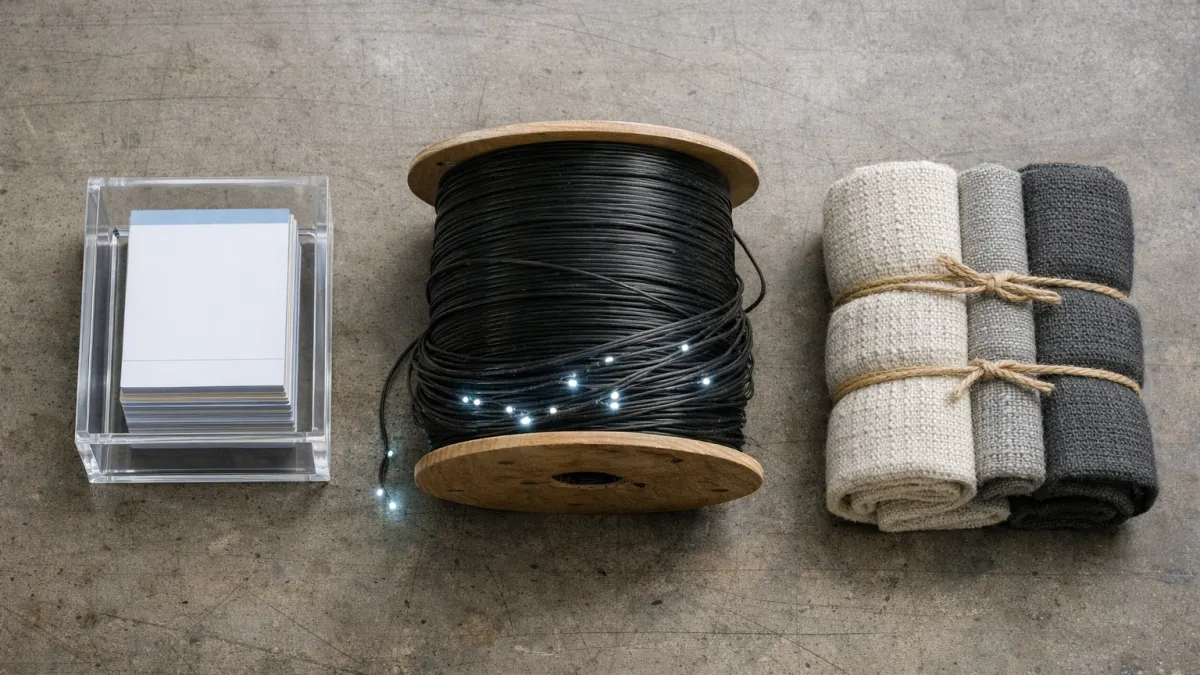 CDN vs caching overhead flat lay with acrylic tray of cards, fiber-optic cable spool, and compressed fabric rolls