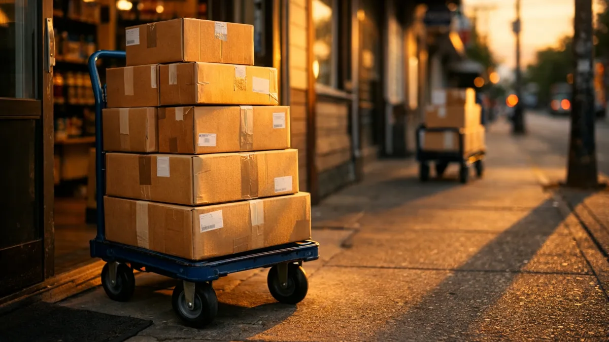 CDN vs caching use-case scene with sealed cardboard boxes on a ready delivery cart near a storefront entrance