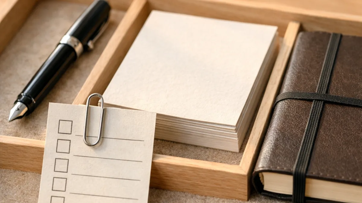 Email marketing platforms beginner setup showing pen, blank paper stack, notebook, and paper clips on tidy desk in warm light