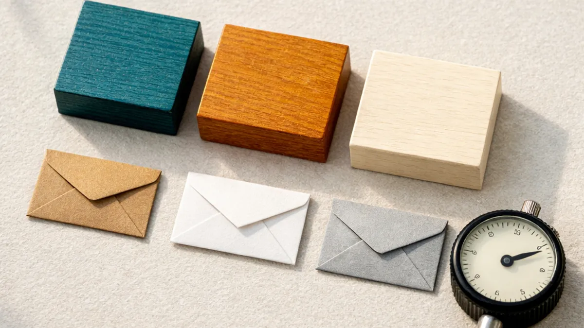 Email marketing platforms comparison flat lay with three colored wooden blocks, envelopes, and an analog dial gauge on tabletop