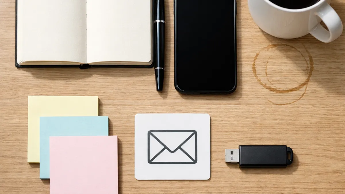 email marketing strategy setup essentials on desk: blank notebook, pen, sticky notes, and coffee mug in morning light