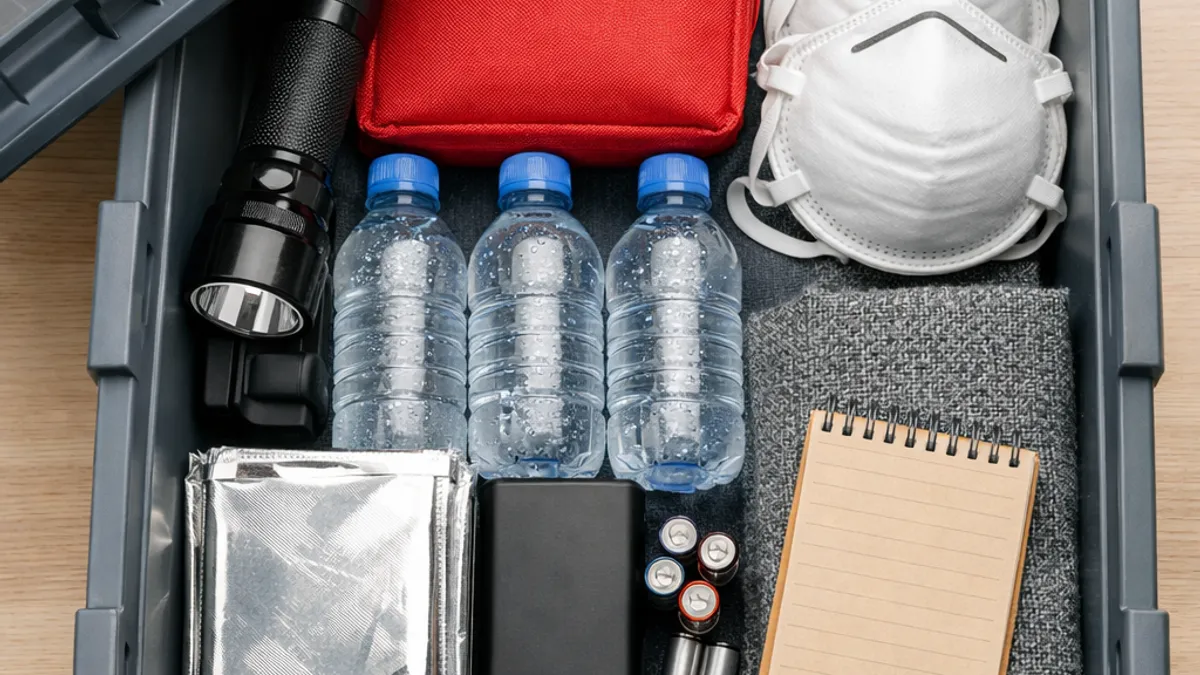 Hurricane preparedness supplies laid out in a waterproof bin on a kitchen table with flashlight, first-aid, water