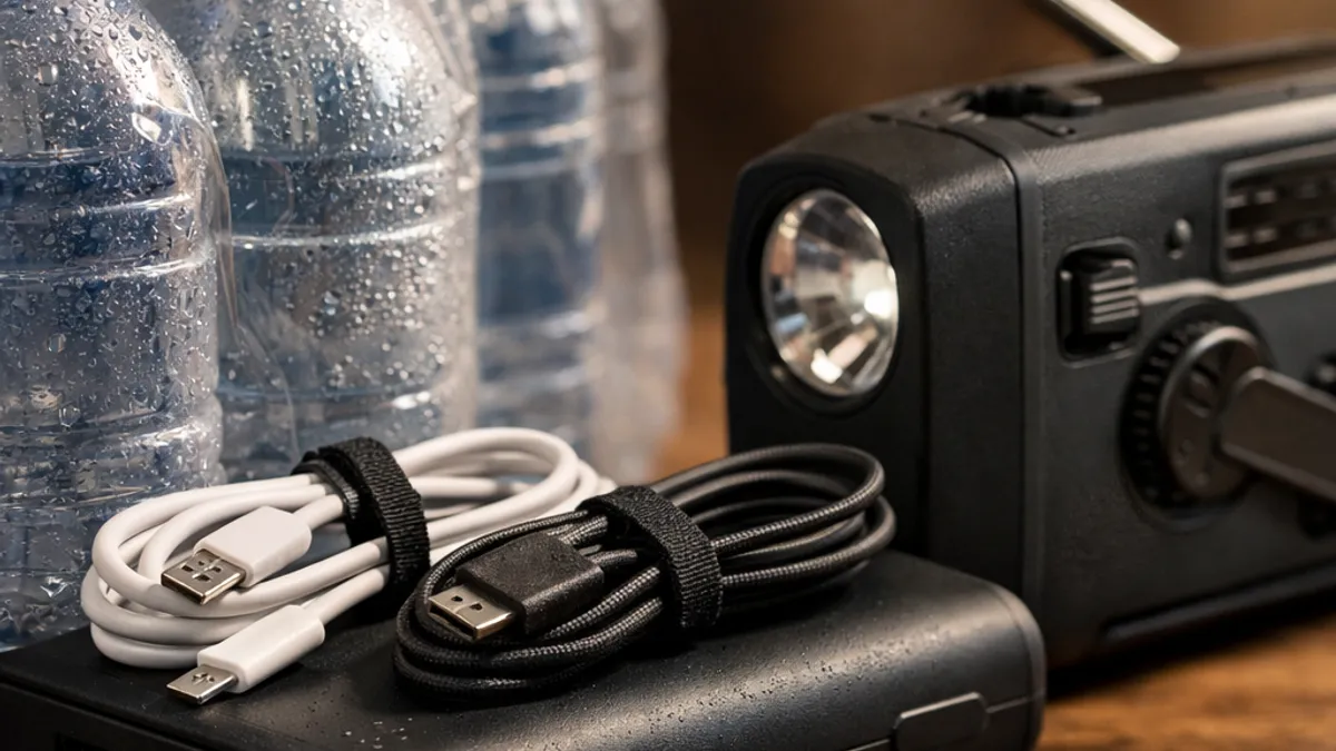 Hurricane preparedness emergency kit close-up with sealed bottled water, hand-crank radio, and coiled charging cables