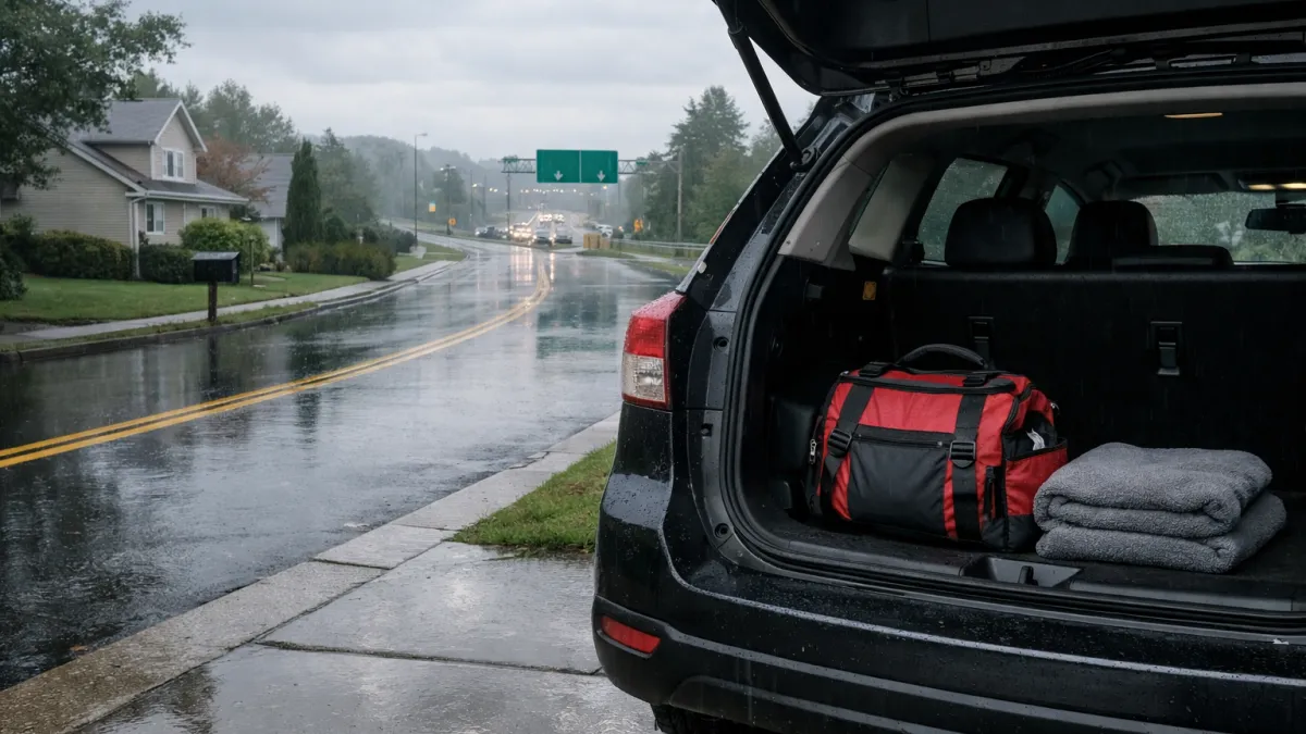 Hurricane preparedness evacuation route shown by a driveway car with open trunk and emergency bag on a rainy street