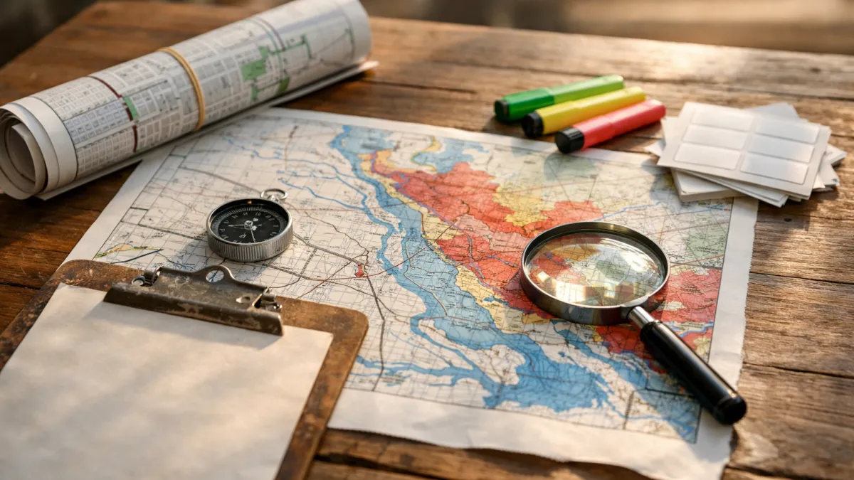 Hurricane preparedness risk planning with flood-zone maps, compass, and colored highlighters spread on a wooden table