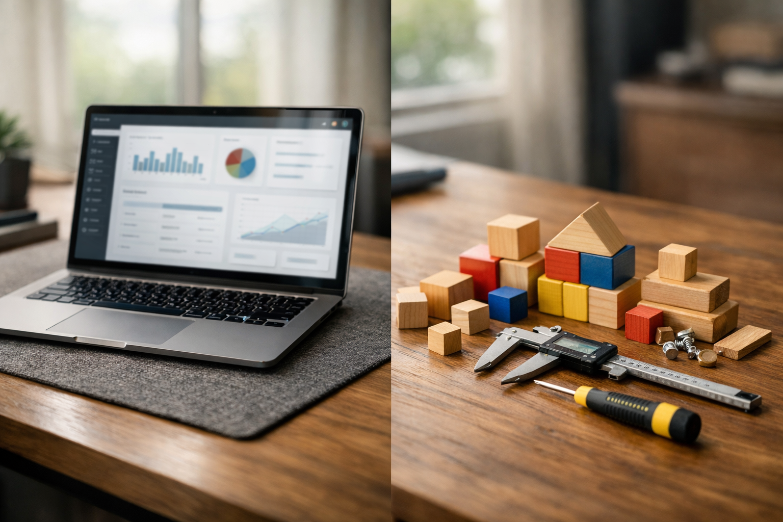 Rental platform vs build hero image showing laptop dashboard and building tools on a desk
