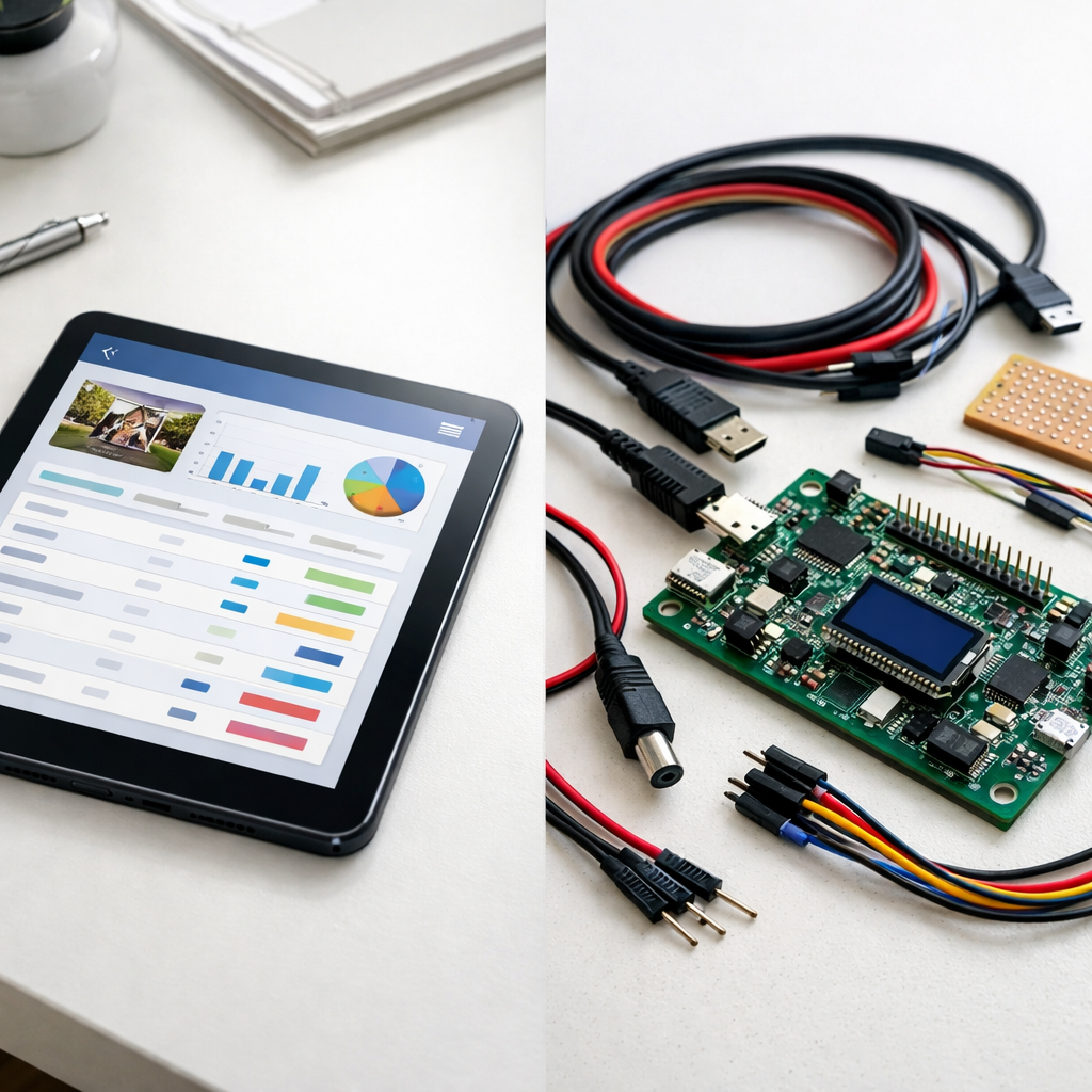 Rental platform vs custom development comparison with tablet interface and circuit board on desk