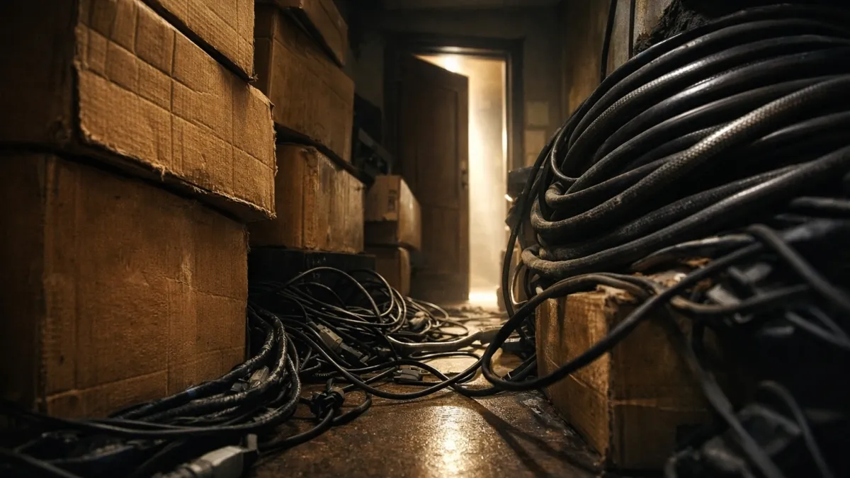 Website loading speed obstruction metaphor with tangled cables and stacked boxes blocking a hallway toward a bright doorway