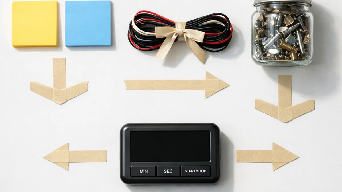 Website loading speed overhead flat lay with stopwatch, tied cables, and small organized parts on a clean desk