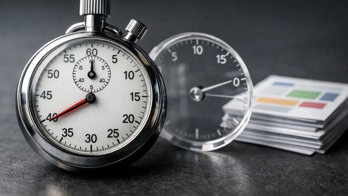 Website loading speed close-up of a stopwatch and transparent timing gauge on a dark desk with layered cards