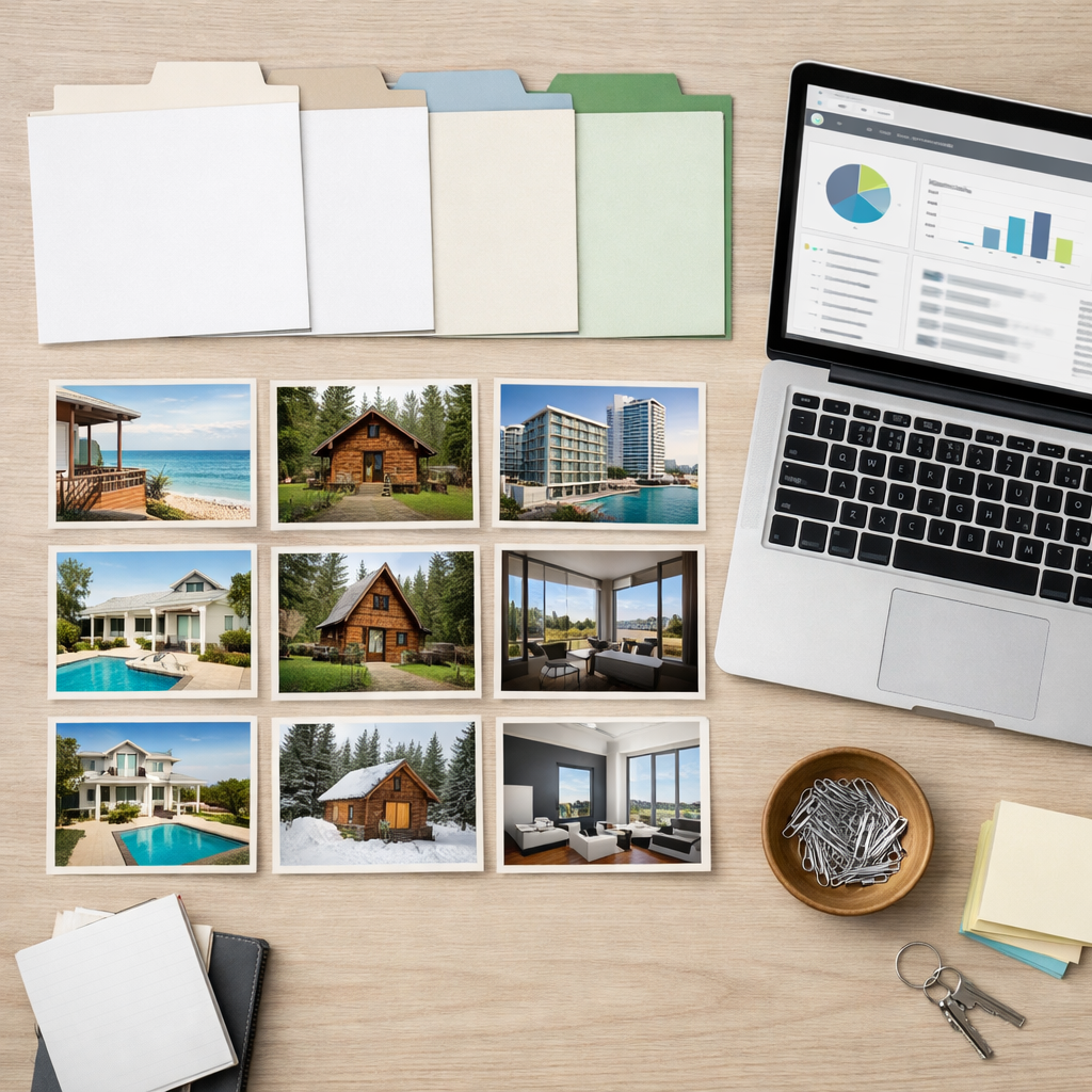 White label vacation rental platform category and listing organization with property photo cards and dashboard